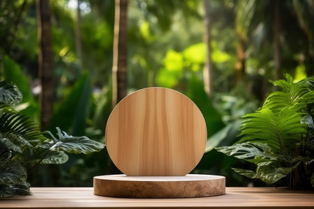 Wooden product display stand in the tropical garden. 3d renderingの素材