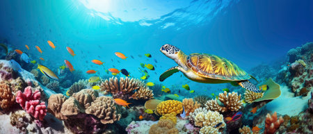 Turtle and fish on the coral reef in the Red Sea.の素材