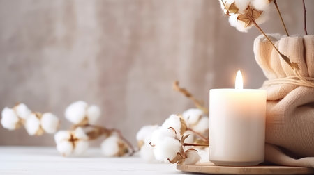 Burning candle with cotton flowers on white wooden table, copy spaceの素材