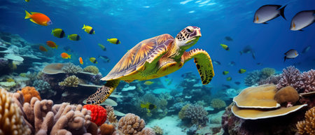 Green sea turtle swimming in the Red Sea. Seascape.の素材