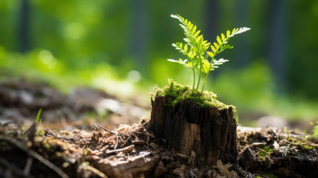 young plant growing on a stump in the forest, shallow depth of fieldの素材