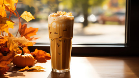 Iced latte coffee in glass on table with autumn leaves.の素材