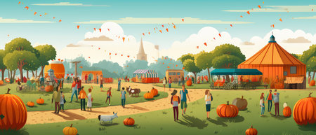 People in autumn park with pumpkins and haystacks vector illustrationの素材