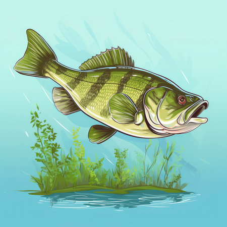 Vector illustration of a perch on a background of green algae.の素材