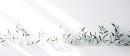 White wall with green leaves. 3d rendering, 3d illustration.の素材