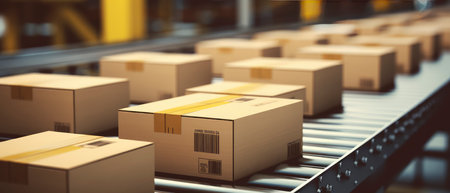 Cardboard boxes on conveyor belt in warehouse. 3d renderingの素材