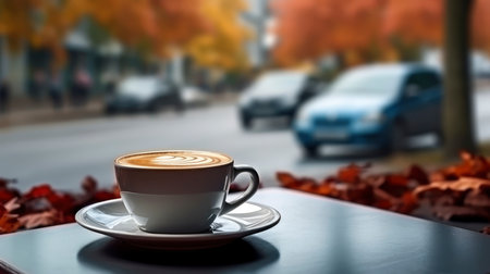 Coffee cup on the table in the city. Autumn backgroundの素材