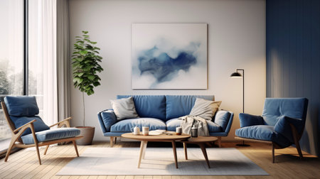 Interior of modern living room with blue sofa, coffee table and poster on wall. 3d renderの素材