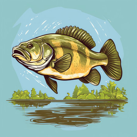 vector illustration of a fish on a background of water and algae.の素材