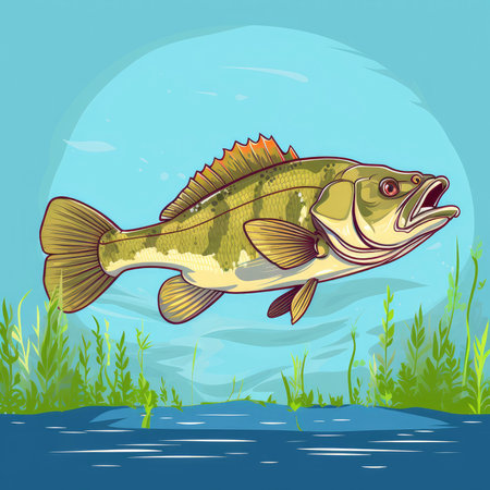 Perch on the background of the river and grass. Vector illustrationの素材