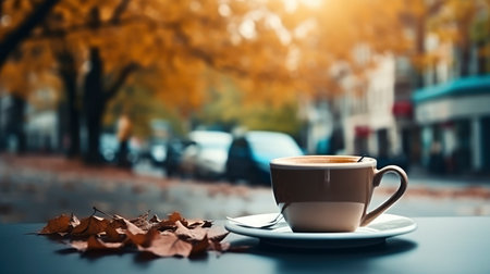 Coffee cup with autumn leaves on the background of the cityの素材