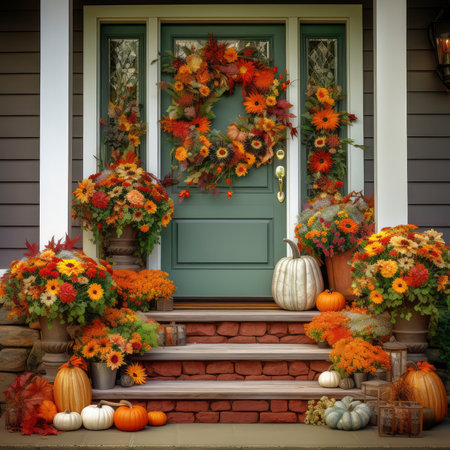 Wreath of pumpkins and flowers on the front door of a houseの素材