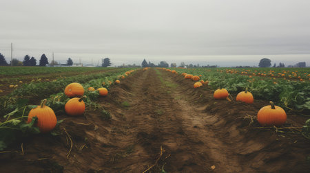 Pumpkin field at the beginning of autumn with a cloudy skyの素材