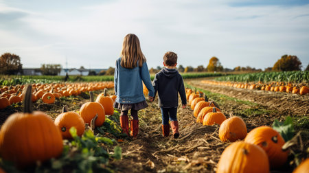 Two little boys picking pumpkins on a pumpkin patch in autumn.の素材