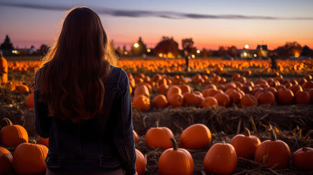 Young woman in front of pumpkins on a pumpkin patch at sunset.の素材