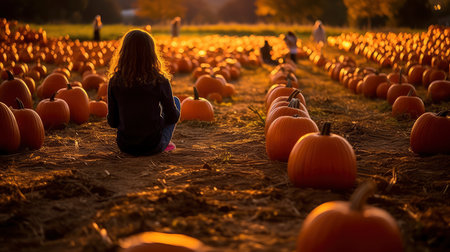 Little girl sitting on a pumpkin patch and looking at pumpkins.の素材