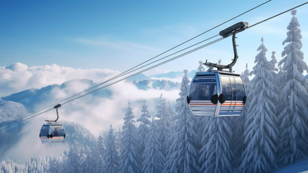 Cable car in the winter mountains. 3d render illustration.の素材