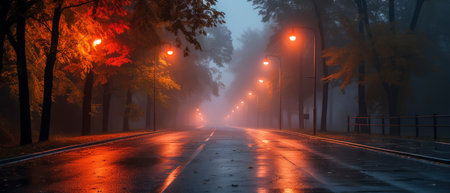 Road through a foggy park at night, panoramic viewの素材