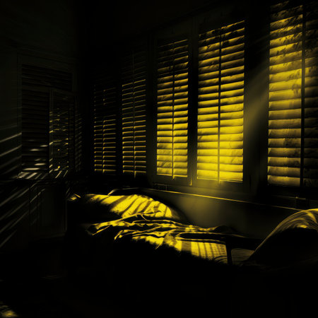 Bed in the dark with blinds. 3d rendering, 3d illustration.の素材