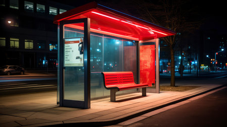 Bus stop in the city at night with a red bench in the foregroundの素材