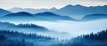 Foggy morning in the mountains. Panoramic view.の素材