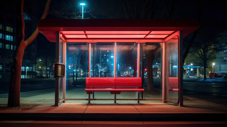 Illuminated bus stop in the city at night, Moscow, Russiaの素材