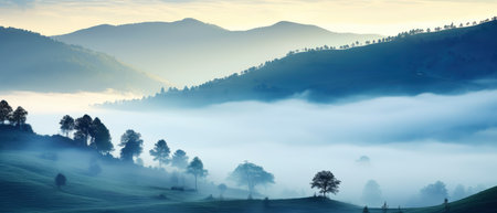Panoramic view of the foggy hills in the morning.の素材