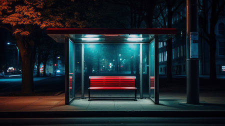 Bus stop at night in the city. Red bus stop at night.の素材