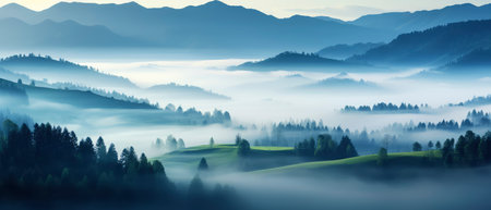 Foggy summer landscape. Panoramic view of the mountain valley.の素材