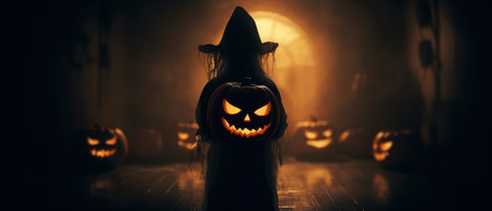 Halloween pumpkin with witch hat in dark room. Spooky halloween conceptの素材