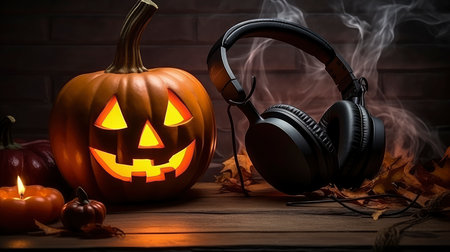 Halloween pumpkin head jack o lantern with headphones on wooden background.の素材