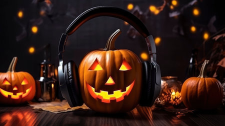 Halloween pumpkin jack-o-lantern with headphones on wooden backgroundの素材