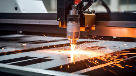 The CNC milling machine cutting the sheet metal with the sparking lightの素材