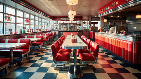 Interior of a restaurant with red and blue tables and chairs.の素材