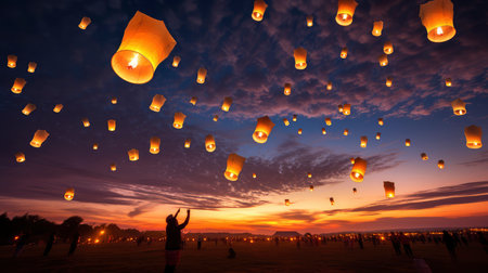 Floating lanterns in the sky at Loy Krathong festival, Chiang Mai, Thailandの素材