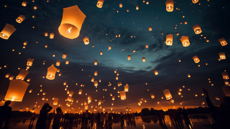 Floating lanterns in the sky at Chiang Mai, Thailand.の素材