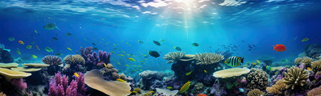 Underwater view of coral reef and tropical fish. Panorama.の素材
