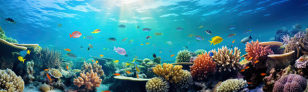 Underwater panorama of coral reef with tropical fishes and coralsの素材