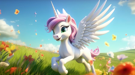 Unicorn flying in the green meadow. 3d renderの素材