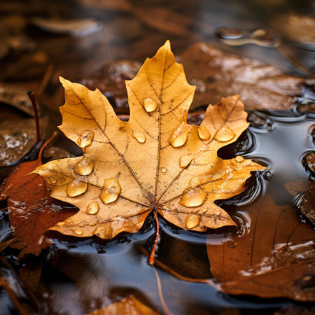 Autumn maple leaf with water drops on the surface of the waterの素材