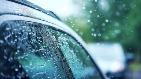 Rain drops on the windshield of a car. Shallow depth of fieldの素材