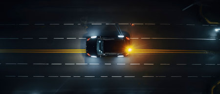 Car on the road at night. View from above. 3d renderingの素材