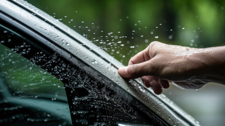 Man washing car window with water drops. Closeup of male hand washing car.の素材