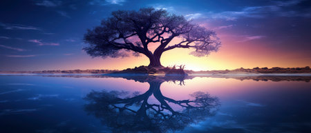 Fantasy landscape with old oak tree and reflection in water at sunsetの素材
