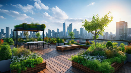 Wooden terrace with table and chairs on the balcony overlooking the cityの素材