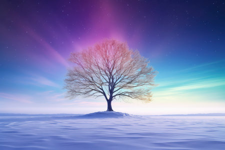 Winter landscape with lonely tree and starry sky. 3d renderの素材
