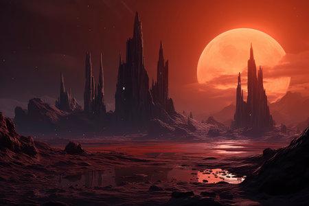 Fantasy alien planet. Mountain and lake. 3D illustration.の素材