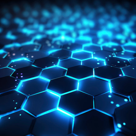 Abstract blue glowing hexagon background. 3d rendering, 3d illustration.の素材