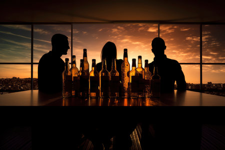 Silhouettes of men at the bar with bottles of alcoholic drinksの素材