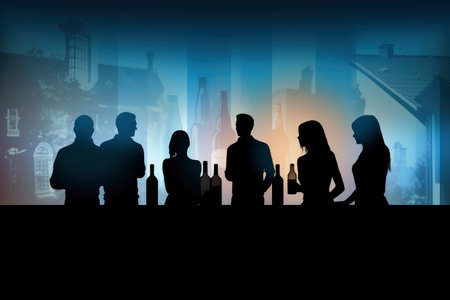 Silhouette of a group of people on the background of the cityの素材